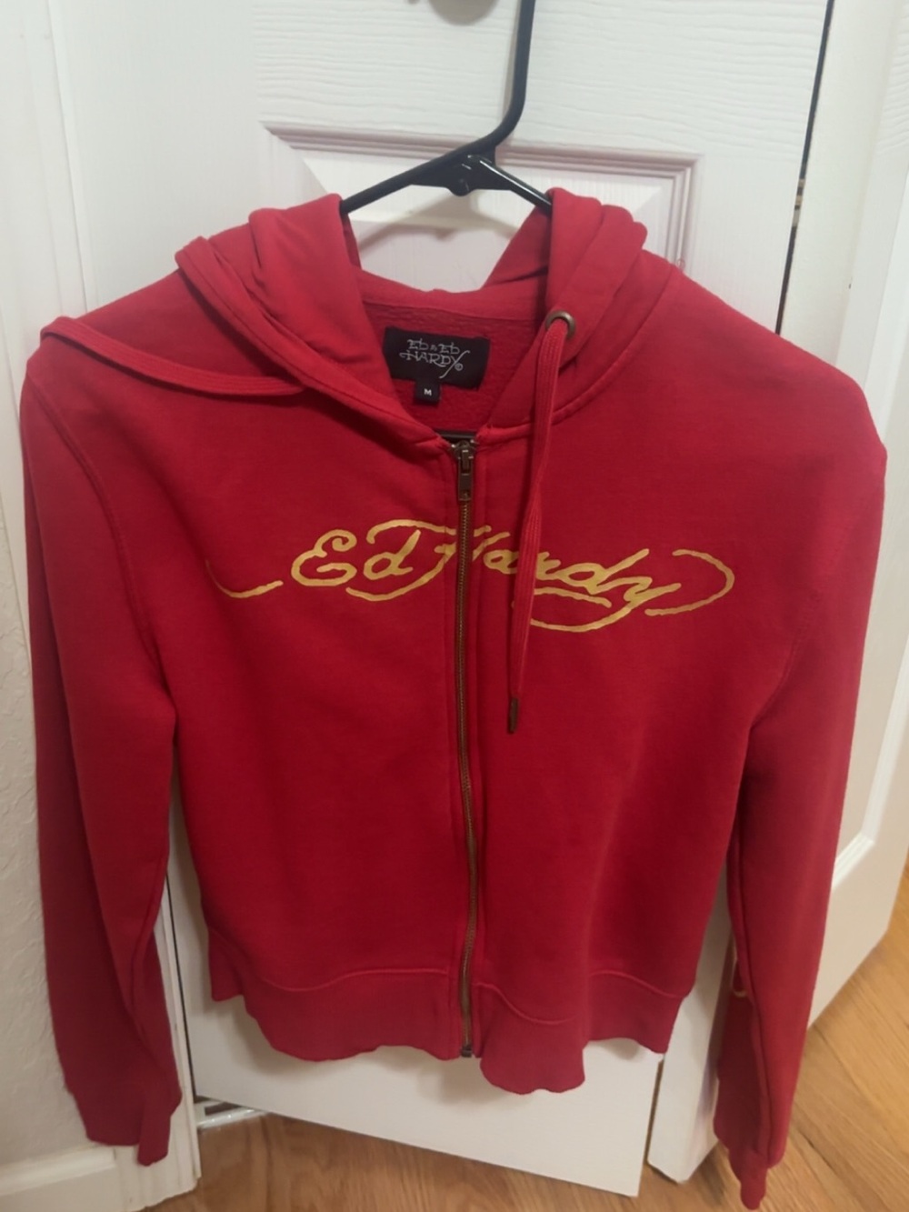 Ed Hardy Red Zip-Up Hoodie with Gold Script